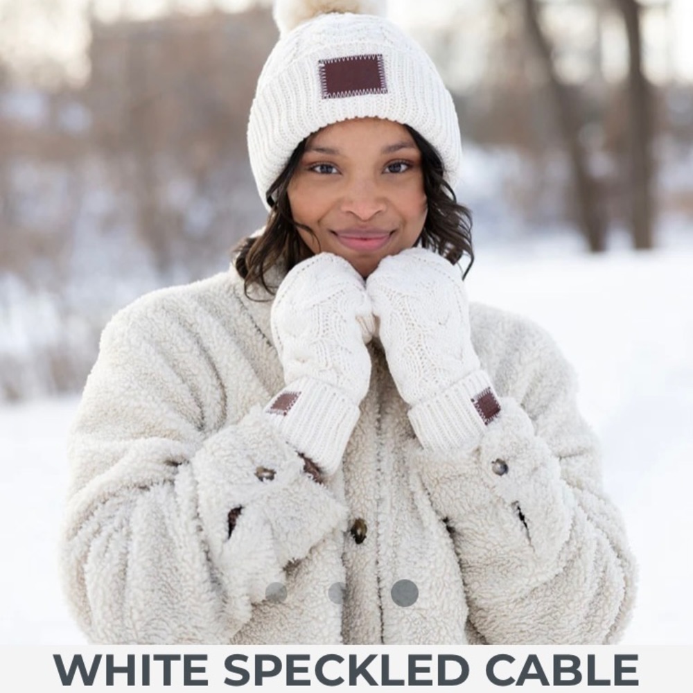 Love your Melon cable knit beanie with pom and matching mittens